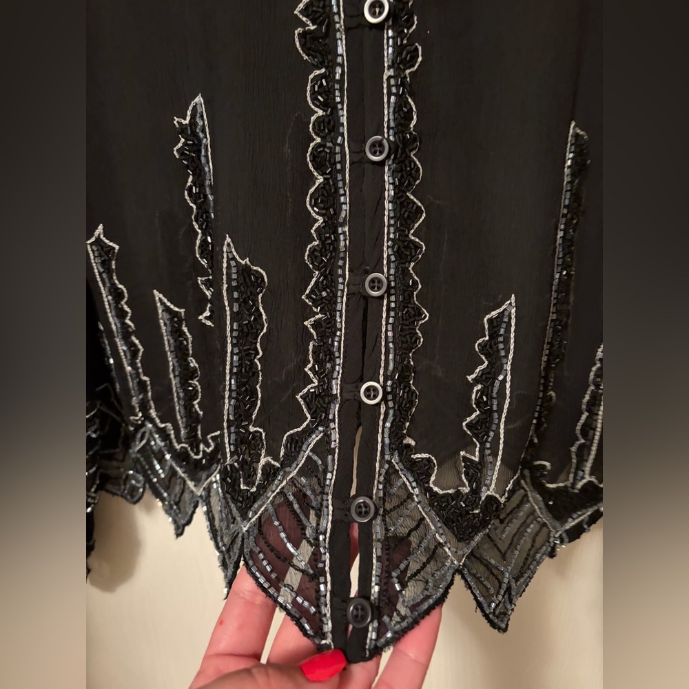 NWT For Joseph 100% Silk Black Sheer Hand-beaded Blouse Scalloped Hem Large - Picture 4 of 16